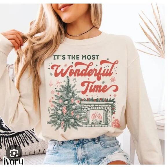 Beige Christmas Sweatshirt Wonderful Time Print Cozy Holiday Trendy Party Medium - Picture 2 of 12
